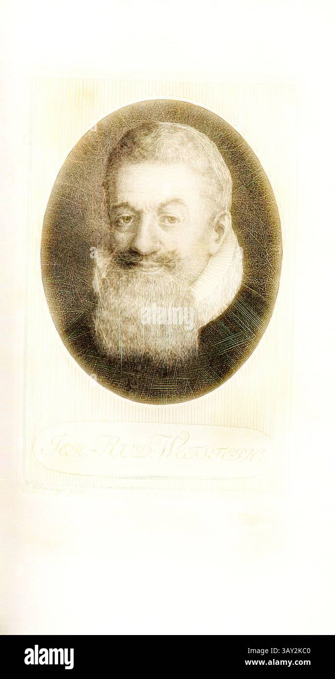 Ein ausgezeichneter Gentleman mit markantem Bart und nachdenklichem Ausdruck, aufgenommen in einem klassischen Porträtstil. Das Bild hat einen kunstvollen Rahmen, der dem würdevollen Aussehen der Figur einen Vintage-Touch verleiht. Rud. Wetstein; Porträt von Johann Rudolf Wettstein, signiert: H. Pfenninger fecit, TAF. 24, nach S. 164, Pfenninger, Heinrich (fec.), Leonhard Meister; Heinrich Pfenninger; J. C Fäsi: Helvetiens berühmte Männer in Bildnissen. Bd. 1. Zürich: im Verlag von Heinrich Pfenninger Mahler, 1799, Klassische Kunst mit modernem Twist neu interpretiert von Artotop Stockfoto