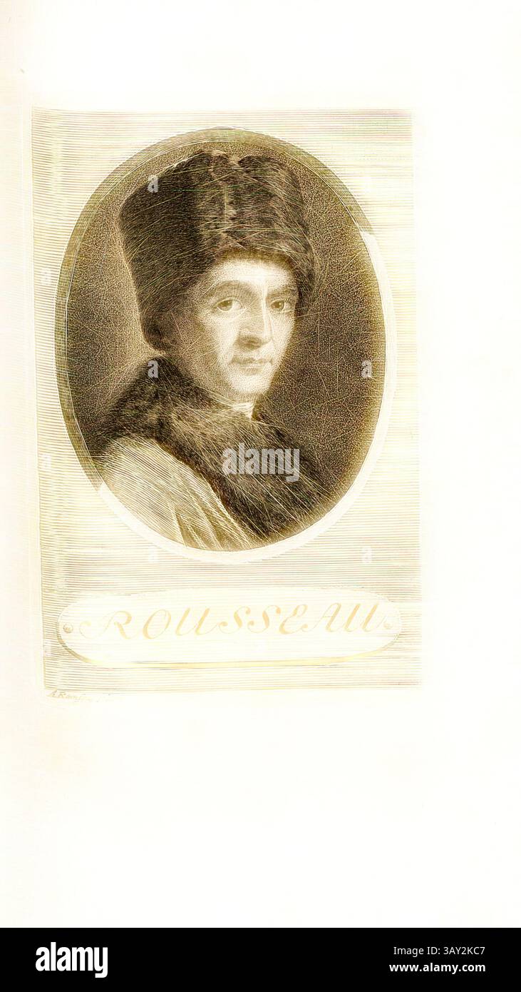 Ein klassisches Porträt eines Mannes mit Pelzmütze und -Mantel, der einen nachdenklichen Ausdruck ausstrahlt. Sein innerer Blick deutet auf Tiefe und Introspektion hin, wobei sein Name elegant unten dargestellt wird., Rousseau, Porträt von Johann Jakob Rousseau (auch Jean-Jacques Rousseau), signiert: A. Ramsay pinx, pl., 29, S. 226, Ramsay, Allan (pinx.); Pfenninger, Heinrich (fec.), Leonhard Meister; Heinrich Pfenninger; J. C Fäsi: Helvetiens berühmte Männer in Bildnissen. Bd. 2. Zürich: im Verlag von Heinrich Pfenninger Mahler, 1799, Klassische Kunst mit modernem Twist neu interpretiert von Artotop Stockfoto