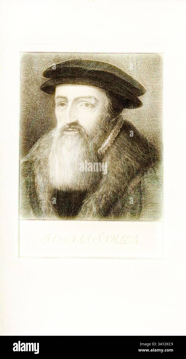 Ein ausgezeichneter Mann mit einem durchdachten Ausdruck, der einen gepflegten Bart und einen mit Pelz gefütterten Kragen trägt, zeigt einen Hauch von Weisheit und Präsenz. Seine Kleidung und ein dekorativer Hut deuten auf Prominenz und Autorität hin. Josias Simler, Porträt von Josiah Simmler aus dem 18. Jahrhundert, pl., 44, S. 284, Pfenninger, Heinrich (fec.), 1799, Leonhard Meister, Heinrich Pfenninger, J. C. Fäsi: Helvetiens berühmte Männer in Bildnissen. Bd. 1. Zürich: im Verlag von Heinrich Pfenninger Mahler, 1799, Klassische Kunst mit modernem Twist neu interpretiert von Artotop Stockfoto