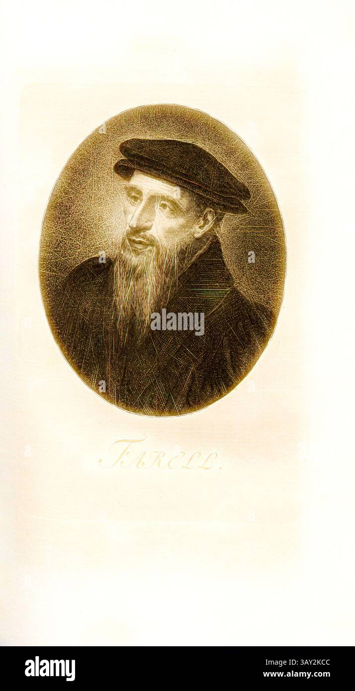 Ein würdevoller Mann mit langem Bart und Mütze blickt nachdenklich, in traditioneller Kleidung gekleidet, und strahlt eine Aura von Weisheit und Autorität aus. Unten fügt eine stilisierte Signatur der Darstellung eine persönliche Note hinzu., Farell, Portrait Wilhelm Farel (auch Guillaume Farel), TAF. 20, gemäß S. 124, Pfenninger, Heinrich (fec.), Leonhard Meister; Heinrich Pfenninger; J. C Fäsi: Helvetiens berühmte Männer in Bildnissen. Bd. 1. Zürich: im Verlag von Heinrich Pfenninger Mahler, 1799, Klassische Kunst mit modernem Twist neu interpretiert von Artotop Stockfoto