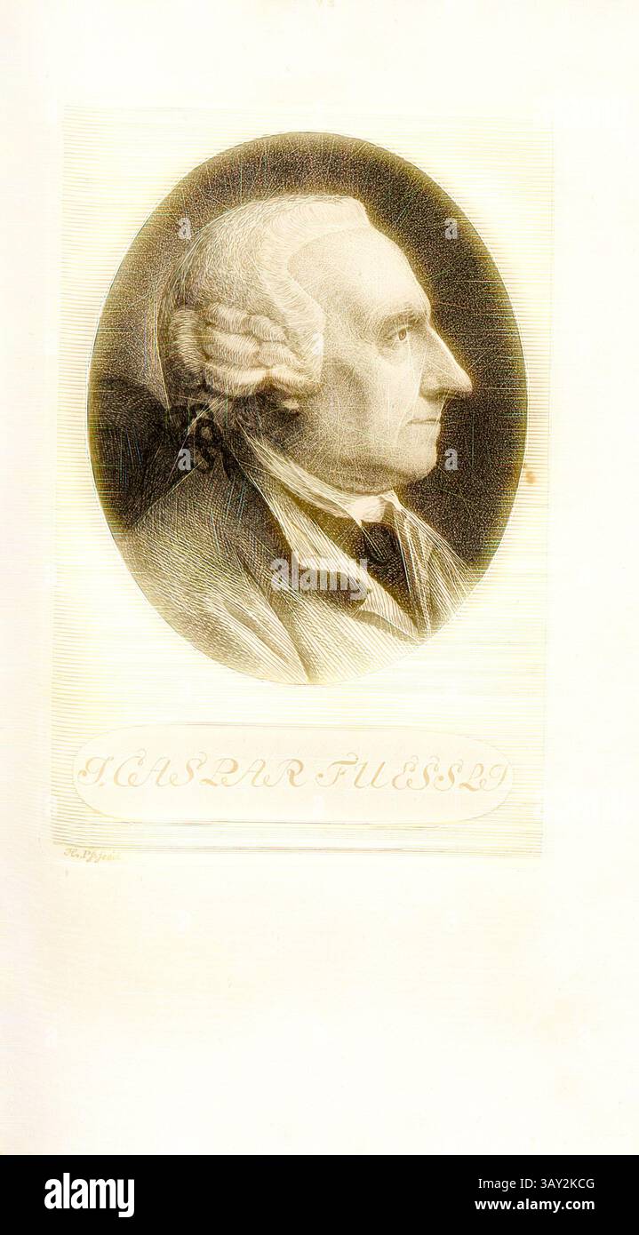 Ein detailliertes Porträt eines herausragenden Mannes mit einem markanten Profil mit klassischen Details und einer Puderperücke, begleitet von einem eleganten Namen darunter., J. Caspar Fuessli, Porträt von Johann Caspar Füssli, signiert: H. Pf. Fecit, Taf. 13, S. 66, Pfenninger, Heinrich (fec.), Leonhard Meister; Heinrich Pfenninger; J. C Fäsi: Helvetiens berühmte Männer in Bildnissen. Bd. 1. Zürich: im Verlag von Heinrich Pfenninger Mahler, 1799, Klassische Kunst mit modernem Twist neu interpretiert von Artotop Stockfoto