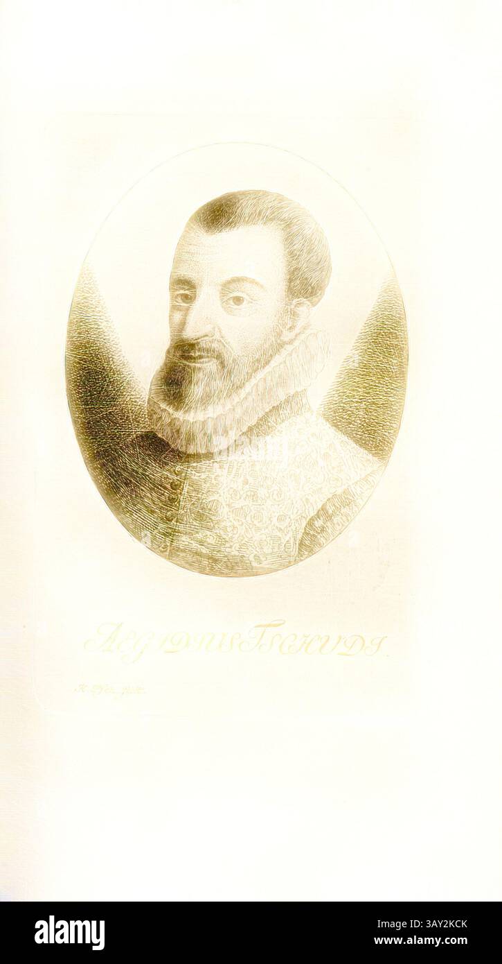 Ein historisches Porträt eines Mannes mit markantem Bart, gekleidet in kunstvoller Kleidung mit Spitzenkragen, die einen Hauch von Adel und Raffinesse ausstrahlt. Die Figur blickt selbstbewusst und deutet auf eine bedeutende Präsenz in seiner Zeit hin. Giles Tschndi, Porträt von Aegidius Tschudi, signiert: H. Pfenn., fecit, TAF. 26, nach S. 180, Pfenninger, Heinrich (fec.), Leonhard Meister; Heinrich Pfenninger; J. C Fäsi: Helvetiens berühmte Männer in Bildnissen. Bd. 1. Zürich: im Verlag von Heinrich Pfenninger Mahler, 1799, Klassische Kunst mit modernem Twist neu interpretiert von Artotop Stockfoto