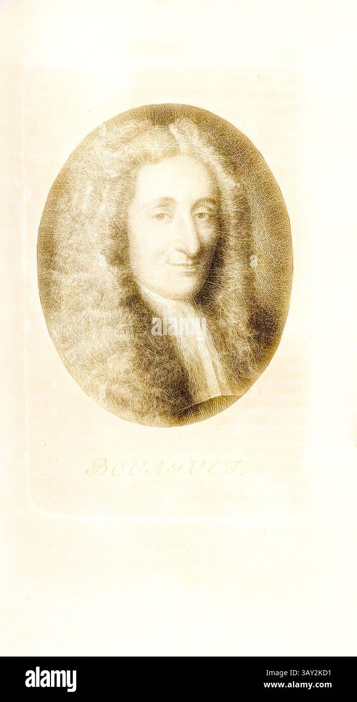 Ein detailliertes Porträt eines Mannes mit voluminösen lockigen Haaren, der einen klerikalen Kragen trägt und einen Hauch von Weisheit und Raffinesse ausstrahlt. Das Kunstwerk zeichnet sich durch sanfte Linien und einen sanften Ausdruck aus, der Intelligenz und Kontemplation suggeriert., Bourguet, Portrait of Ludewig Bourguet (auch Louis Bourguet), TAF. 41, S. 306, Pfenninger, Heinrich (fec.), Leonhard Meister; Heinrich Pfenninger; J. C Fäsi: Helvetiens berühmte Männer in Bildnissen. Bd. 2. Zürich: im Verlag von Heinrich Pfenninger Mahler, 1799, Klassische Kunst mit modernem Twist neu interpretiert von Artotop Stockfoto