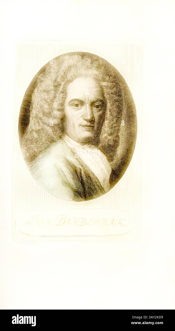 Ein Porträt eines Mannes mit langen, welligen Haaren und einem eleganten Mantel, der den Betrachter selbstbewusst anstarrt. Unter dem Bild wird ein Name in einer kunstvollen Schriftart angezeigt., Joh. Barbeirak, Porträt von Johann Barbeirak (auch Jean Barbeyrac), signiert: H. Pfenn., fecit, TAF. 45, S. 288, Pfenninger, Heinrich (fec.), Leonhard Meister; Heinrich Pfenninger; J. C Fäsi: Helvetiens berühmte Männer in Bildnissen. Bd. 1. Zürich: im Verlag von Heinrich Pfenninger Mahler, 1799, Klassische Kunst mit modernem Twist neu interpretiert von Artotop Stockfoto