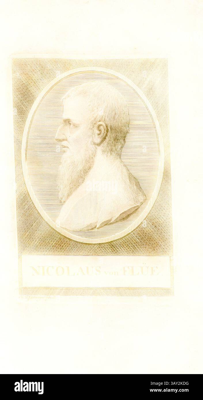 Ein Profilporträt von Nicolaus von Flüe mit detaillierten Linienarbeiten, die seine Gesichtszüge und seinen Bart betonen, begleitet von seinem Namen am unteren Rand., Nicolaus von Flüe, Porträt von Niklaus von Flüe, signiert: H. Pfenninger fecit, TAF. 1, nach Titelseite, Pfenninger, Heinrich (fec.), Leonhard Meister; Heinrich Pfenninger; J. C Fäsi: Helvetiens berühmte Männer in Bildnissen. Bd. 2. Zürich: im Verlag von Heinrich Pfenninger Mahler, 1799, Klassische Kunst mit modernem Twist neu interpretiert von Artotop Stockfoto