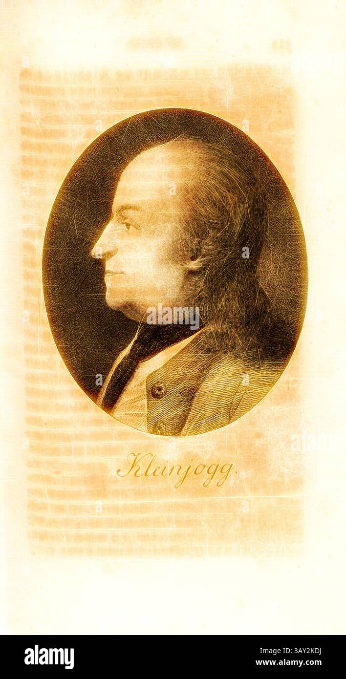 Ein Seitenprofil einer historischen Figur mit ausgeprägtem Auftreten, begleitet von einem weichen, strukturierten Hintergrund und einem eleganten Schriftzug unten., Kleinjogg, Porträt von Jakob Gujer, TAF. 21, S. 134, Pfenninger, Heinrich (fec.), Leonhard Meister; Heinrich Pfenninger; J. C Fäsi: Helvetiens berühmte Männer in Bildnissen. Bd. 2. Zürich: im Verlag von Heinrich Pfenninger Mahler, 1799, Klassische Kunst mit modernem Twist neu interpretiert von Artotop Stockfoto