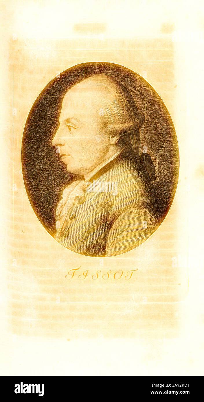 Ein historisches Porträt eines Gentleman aus dem 18. Jahrhundert, geprägt durch sein Seitenprofil und traditionelle Kleidung, mit eleganten Details und einem klassischen Haarstil. Das Kunstwerk wird von einem kreisförmigen Motiv eingerahmt, was seine zeitlose Qualität unterstreicht., Tissot, Porträt von August Tissot (auch Samuel Auguste Tissot), TAF. 37, S. 288, Pfenninger, Heinrich (fec.), Leonhard Meister; Heinrich Pfenninger; J. C Fäsi: Helvetiens berühmte Männer in Bildnissen. Bd. 2. Zürich: im Verlag von Heinrich Pfenninger Mahler, 1799, Klassische Kunst mit modernem Twist neu interpretiert von Artotop Stockfoto