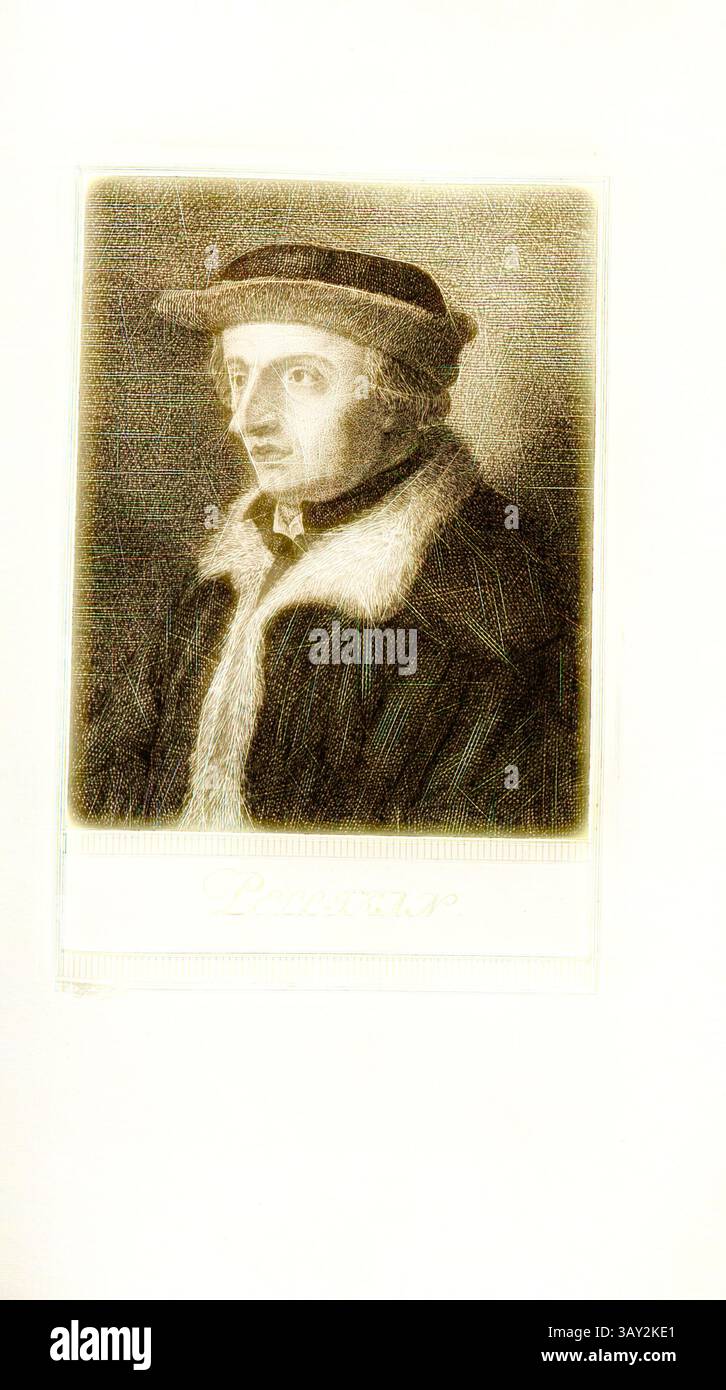 Ein Porträt eines Mannes in einem Pelzmantel und einem Hut, der nachdenklich zur Seite blickt. Die detaillierte Textur hebt seine Gesichtszüge und den besonderen Stil seiner Kleidung hervor., Pellikan, Portrait Conrad Pellican (auch Konrad Pellikan), signiert: H. Pfenn., Fecit, TAF. 38, S. 268, Pfenninger, Heinrich (fec.), Leonhard Meister; Heinrich Pfenninger; J. C Fäsi: Helvetiens berühmte Männer in Bildnissen. Bd. 1. Zürich: im Verlag von Heinrich Pfenninger Mahler, 1799, Klassische Kunst mit modernem Twist neu interpretiert von Artotop Stockfoto