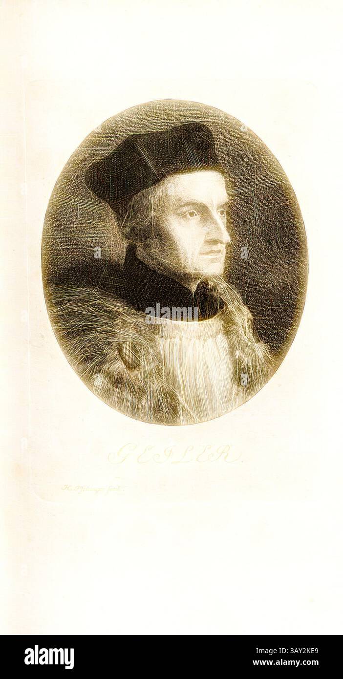 Eine herausragende Figur mit Pelzbesatz und Mütze blickt nachdenklich zur Seite und strahlt einen Hauch von Weisheit und Autorität aus. Die komplizierten Details betonen die Charakterzüge und die Kleidung und verleihen eine Aura von historischer Bedeutung., Geiler, Porträt Johann Geiler (auch Johann Geiler von Kaysersberg), signiert: H. Pfenninger fecit, TAF. 10, gemäß S. 72, Pfenninger, Heinrich (fec.), Leonhard Meister; Heinrich Pfenninger; J. C Fäsi: Helvetiens berühmte Männer in Bildnissen. Bd. 2. Zürich: im Verlag von Heinrich Pfenninger Mahler, 1799, Klassische Kunst mit modernem Twist reim Stockfoto