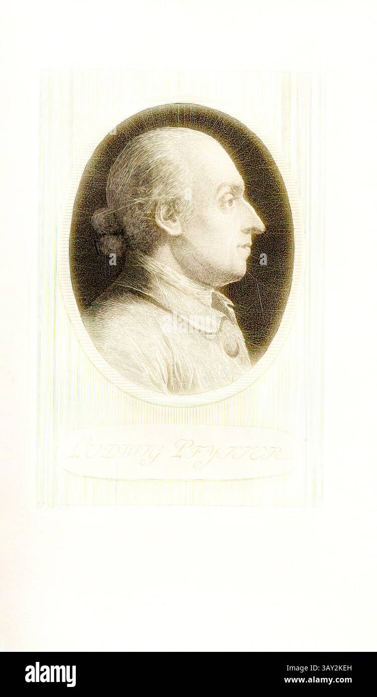 Ein Profilporträt eines vornehmen Mannes mit einer hervorstehenden Nase und einem gebundenen Haar, das mit einem schlichten Mantel verziert ist. Unter dem Bild ist der Name „Ludwig Poggen“ elegant eingeschrieben. Ludwig Pfyffer, Porträt Ludwig Pfyffer, signiert: H. Pf. Fecit, Taf. 39, S. 270, Pfenninger, Heinrich (fec.), Leonhard Meister; Heinrich Pfenninger; J. C Fäsi: Helvetiens berühmte Männer in Bildnissen. Bd. 1. Zürich: im Verlag von Heinrich Pfenninger Mahler, 1799, Klassische Kunst mit modernem Twist neu interpretiert von Artotop Stockfoto