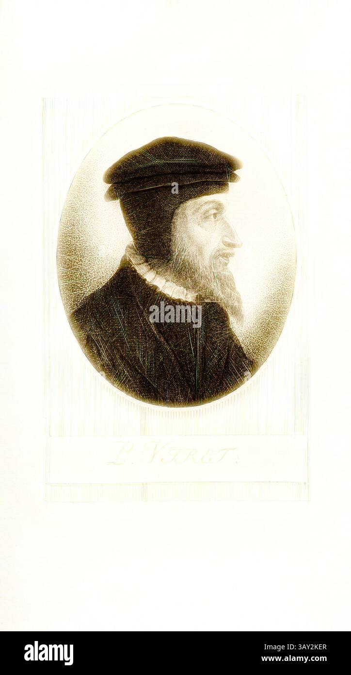 Ein detailliertes Porträt eines bärtigen Mannes mit Mütze und Rüsche, nach rechts gerichtet, mit einer weichen, ätherischen Qualität, die seine Eigenschaften unterstreicht. Der ovale Rahmen verleiht dem Motiv einen eleganten Touch und unterstreicht das würdevolle Auftreten des Motivs., grüne Gramm, Porträt von Peter Viret (auch Pierre Viret), TAF. 42, S. 280, Pfenninger, Heinrich (fec.), Leonhard Meister; Heinrich Pfenninger; J. C Fäsi: Helvetiens berühmte Männer in Bildnissen. Bd. 1. Zürich: im Verlag von Heinrich Pfenninger Mahler, 1799, Klassische Kunst mit modernem Twist neu interpretiert von Artotop Stockfoto