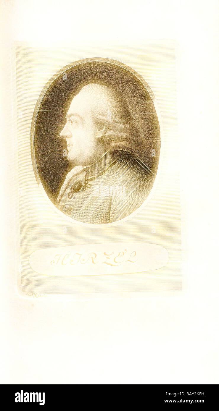 Ein Profilporträt eines vornehmen Herrn mit aufwändigen Haaren und Kleidung, begleitet von einem Namensschild unten. Das Bild fängt einen Sinn für historische Bedeutung und Kunstfertigkeit ein., Hirzel, Porträt von Hans Caspar Hirzel (auch Johann Kaspar Hirzel), signiert: H. Pf. Fecit, Taf. 32, nach S. 246, Pfenninger, Heinrich (fec.), Leonhard Meister; Heinrich Pfenninger; J. C Fäsi: Helvetiens berühmte Männer in Bildnissen. Bd. 2. Zürich: im Verlag von Heinrich Pfenninger Mahler, 1799, Klassische Kunst mit modernem Twist neu interpretiert von Artotop Stockfoto