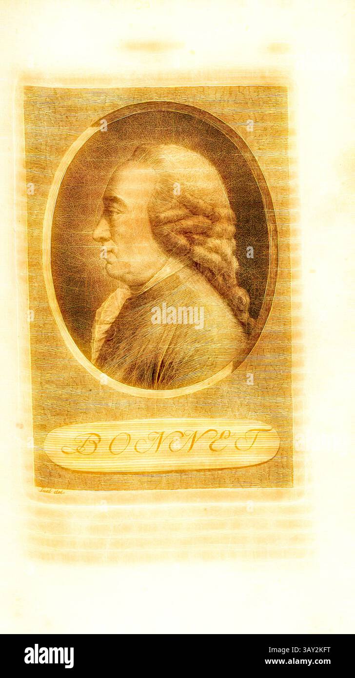 Ein Profilporträt einer Figur aus dem 18. Jahrhundert mit markantem Haar, eingerahmt in einem Oval, begleitet von dem Namen „MOTORHAUBE“ an der Basis., Motorhaube, Porträt von Karl Bonnet (auch Charles Bonnet), signiert: Iuel del, TAF. 30, nach S. 236, Juel, Jens (del.); Pfenninger, Heinrich (fec.), Leonhard Meister; Heinrich Pfenninger; J. C Fäsi: Helvetiens berühmte Männer in Bildnissen. Bd. 2. Zürich: im Verlag von Heinrich Pfenninger Mahler, 1799, Klassische Kunst mit modernem Twist neu interpretiert von Artotop Stockfoto