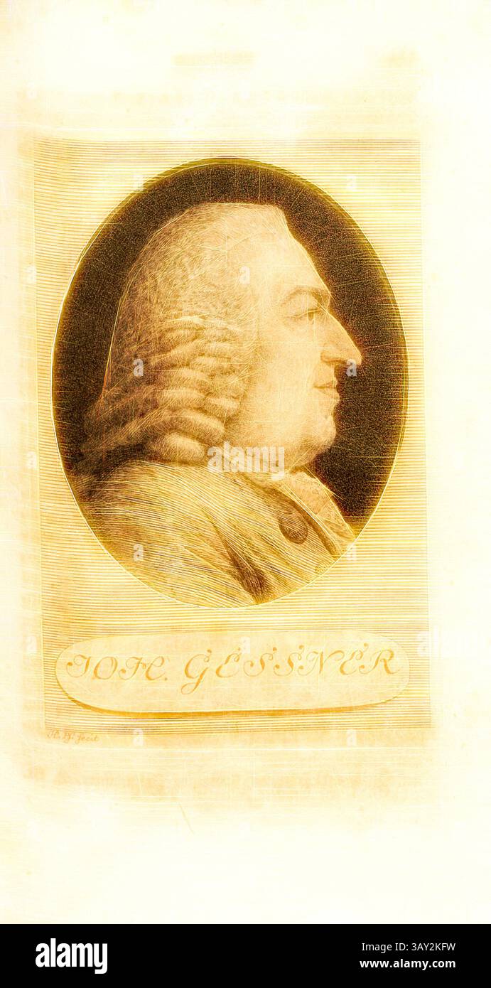 Ein Profilporträt eines herausragenden Individuums mit lockigem Haar, in einem runden Rahmen dargestellt. Unterhalb des Porträts befindet sich eine Inschrift mit dem Namen „Johann Georg Gessner“. Die gesamte Ästhetik vermittelt ein Gefühl von historischer Bedeutung. Gessner, Porträt Johann Gessner (auch Johannes Gessner), signiert: H. Pf. Fecit, Taf. 34, S. 264, Pfenninger, Heinrich (fec.), Leonhard Meister; Heinrich Pfenninger; J. C Fäsi: Helvetiens berühmte Männer in Bildnissen. Bd. 2. Zürich: im Verlag von Heinrich Pfenninger Mahler, 1799, Klassische Kunst mit modernem Twist neu interpretiert von Artotop Stockfoto