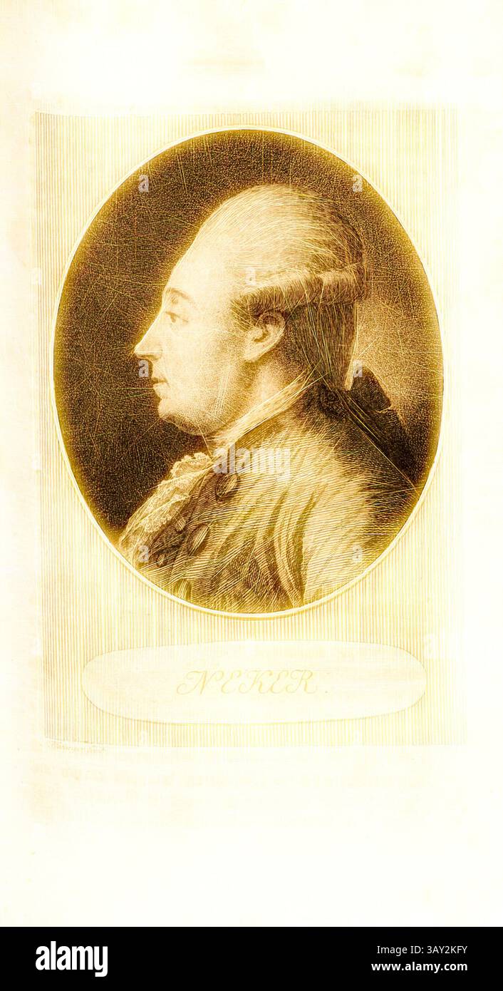 Ein Profilporträt eines Gentleman aus dem 18. Jahrhundert, das eine formelle Kleidung mit einer für diese Zeit typischen Frisur zeigt. Sein Ausdruck ist ruhig, und der Hintergrund ist dezent strukturiert. Der Name unter dem Porträt ist elegant dargestellt., Neker, Porträt Jacques Necker, signiert: Pfenninger fecit, TAF. 38, S. 290, Pfenninger, Heinrich (fec.), Leonhard Meister; Heinrich Pfenninger; J. C Fäsi: Helvetiens berühmte Männer in Bildnissen. Bd. 2. Zürich: im Verlag von Heinrich Pfenninger Mahler, 1799, Klassische Kunst mit modernem Twist neu interpretiert von Artotop Stockfoto