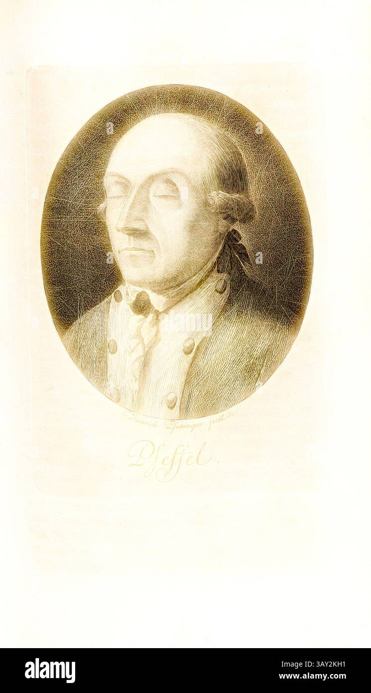 Ein Porträt eines herausragenden Individuums, mit einem Mann mit einem komponierten Ausdruck und gestylten Haaren, gekleidet in einem formellen Mantel mit Knöpfen. Sein Name „Peffel“ ist unten elegant eingeschrieben. Pfeffel, Porträt von Gottlieb Conrad Pfeffel (auch Gottlieb Konrad Pfeffel), signiert: Heinrich Pfenninger fecit, TAF. 27, S. 216, Pfenninger, Heinrich (fec.), Leonhard Meister; Heinrich Pfenninger; J. C Fäsi: Helvetiens berühmte Männer in Bildnissen. Bd. 2. Zürich: im Verlag von Heinrich Pfenninger Mahler, 1799, Klassische Kunst mit modernem Twist neu interpretiert von Artotop Stockfoto