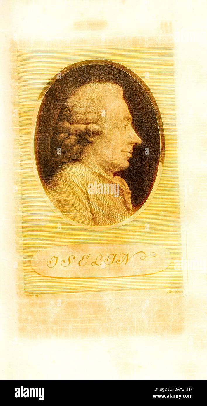 Ein klassisches Porträt eines Mannes im Profil, mit besonderen Merkmalen und einer eleganten Frisur, begleitet von dem Namen „ISELIN“, der unten elegant eingeschrieben ist., Iselin, Porträt von Isaac Iselin (auch Isaac Iselin), signiert: Lips del, Pfen., Fecit, TAF. 22, S. 142, Lips, Johann Heinrich; Pfenninger, Heinrich (fec.), Leonhard Meister; Heinrich Pfenninger; J. C Fäsi: Helvetiens berühmte Männer in Bildnissen. Bd. 2. Zürich: im Verlag von Heinrich Pfenninger Mahler, 1799, Klassische Kunst mit modernem Twist neu interpretiert von Artotop Stockfoto