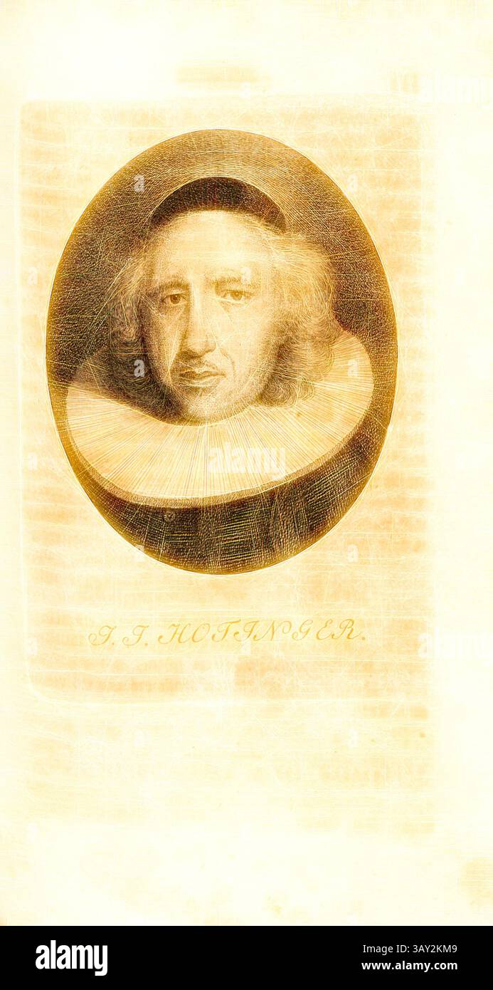 Ein Porträt eines Individuums aus der Mitte des 17. Jahrhunderts mit markanten Gesichtszügen, eingerahmt von einem raffinierten Rüschenkragen. Der Ausdruck der Figur verbindet Kontemplation und Introspektion, begleitet von einer Inschrift unter dem Bild., J. J. Hotinger, Portrait Joh. Jacob Hottinger (auch Johann Jakob Hottinger), TAF. 43, S. 316, Pfenninger, Heinrich (fec.), Leonhard Meister; Heinrich Pfenninger; J. C Fäsi: Helvetiens berühmte Männer in Bildnissen. Bd. 2. Zürich: im Verlag von Heinrich Pfenninger Mahler, 1799, Klassische Kunst mit modernem Twist neu interpretiert von Artotop Stockfoto