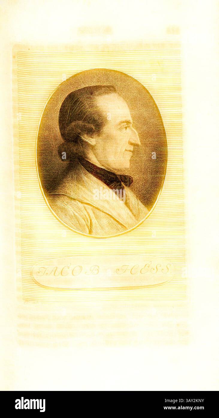 Ein Profilporträt eines angesehenen Mannes mit raffinierten Gesichtszügen und einem durchdachten Ausdruck, verziert in klassischer Kleidung. Das Bild ist von dekorativen Elementen eingerahmt, die seine historische Bedeutung unterstreichen., Jacob Hess, Porträt Johann Jakob Hess, signiert Pf. Ad vivum, TAF. 28, S. 22, Pfenninger, Heinrich (ad vivum del.), Leonhard Meister; Heinrich Pfenninger; J. C Fäsi: Helvetiens berühmte Männer in Bildnissen. Bd. 2. Zürich: im Verlag von Heinrich Pfenninger Mahler, 1799, Klassische Kunst mit modernem Twist neu interpretiert von Artotop Stockfoto