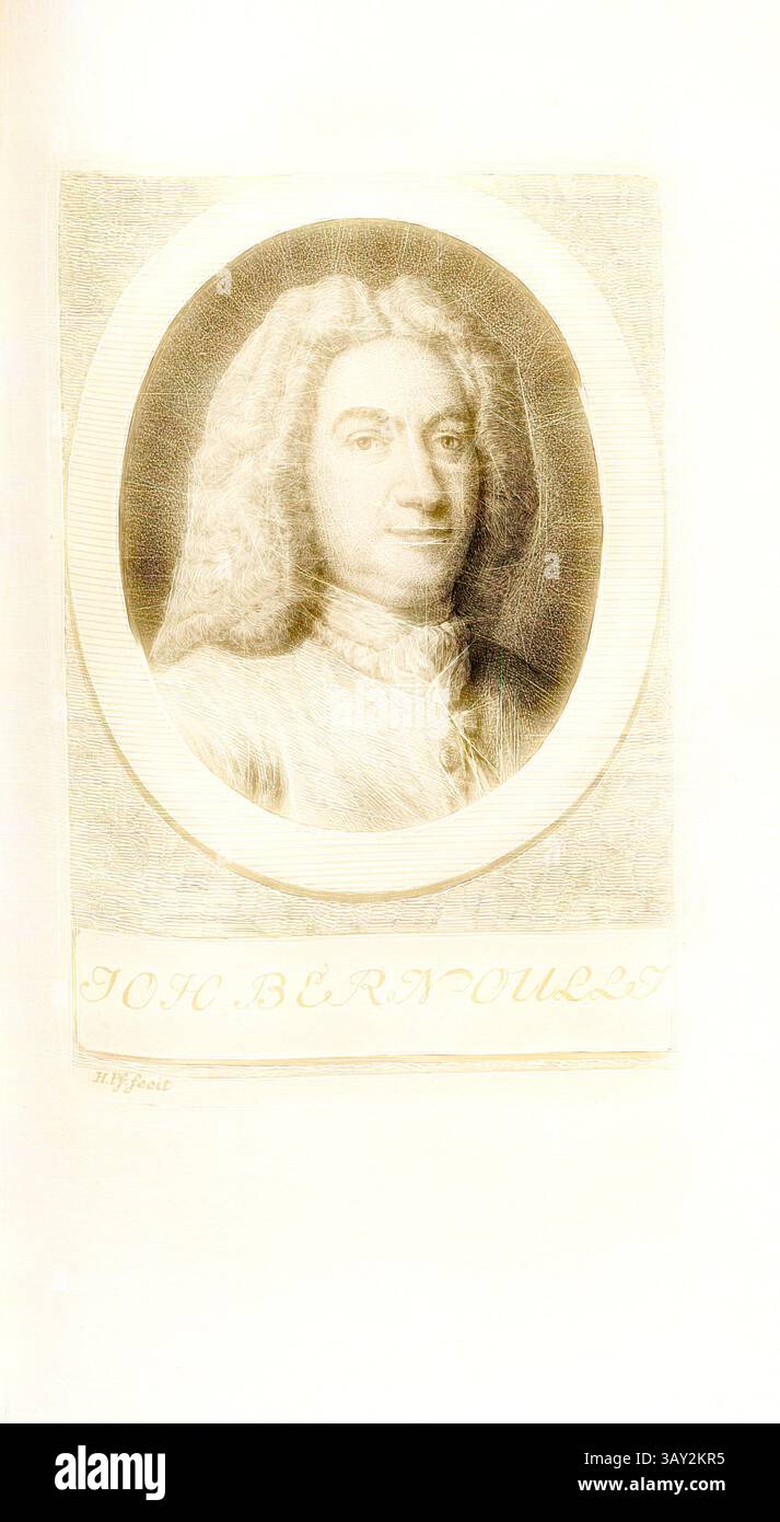 Ein historisches Porträt eines Mannes mit langen, welligen Haaren und einem nachdenklichen Ausdruck, gekleidet in historischen Kleidern, eingerahmt von einem kunstvollen ovalen Rand. Der Name "Johann Bernoulli" ist unten eingeschrieben. Bernoulli, Porträt von Johann Bernoulli, signiert: H. Pf. Fecit, Taf. 39, S. 294, Pfenninger, Heinrich (fec.), Leonhard Meister; Heinrich Pfenninger; J. C Fäsi: Helvetiens berühmte Männer in Bildnissen. Bd. 2. Zürich: im Verlag von Heinrich Pfenninger Mahler, 1799, Klassische Kunst mit modernem Twist neu interpretiert von Artotop Stockfoto
