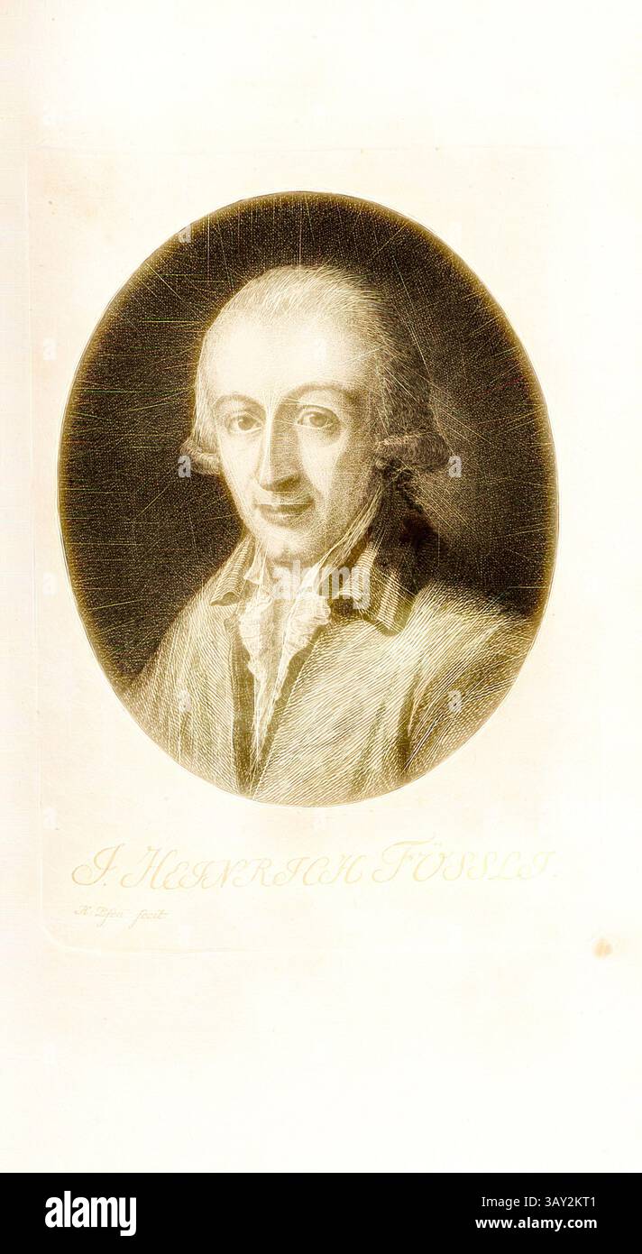 Ein Porträt eines Gentleman mit einem durchdachten Ausdruck, mit ordentlich gestyltem Haar und Kragen. Das Kunstwerk enthält eine Unterschrift am unteren Rand, die auf eine historische Bedeutung hindeutet. J. Heinrich Füssli, Porträt Hans Heinrich Füssli (auch Johann Heinrich Füssli), signiert: H. Pfenn., fecit, TAF. 36, S. 274, Pfenninger, Heinrich (fec.), Leonhard Meister; Heinrich Pfenninger; J. C Fäsi: Helvetiens berühmte Männer in Bildnissen. Bd. 2. Zürich: im Verlag von Heinrich Pfenninger Mahler, 1799, Klassische Kunst mit modernem Twist neu interpretiert von Artotop Stockfoto