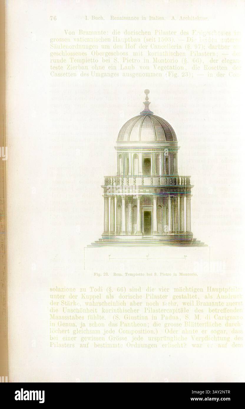 Eine detaillierte architektonische Illustration zeigt eine Kuppelstruktur mit kreisförmigem Sockel, die mit dekorativen Elementen verziert ist. Das Design verfügt über eine elegante Laterne an der Spitze und komplizierte Muster entlang der Kuppel, die ihre Pracht und historische Bedeutung unterstreichen., Rom. Tempietto bei S. Pietro in Montorio, Tempietto di San Pietro in Montorio, auch Tempietto del Bramante in Rom, Abb. 23, S. 76, 1867, Jacob Burckhardt; Wilhelm Lübke: Geschichte der neueren Baukunst. Stuttgart: Verlag von Ebner & Seubert, 1867., Klassische Kunst mit modernem Twist neu interpretiert von Artotop Stockfoto