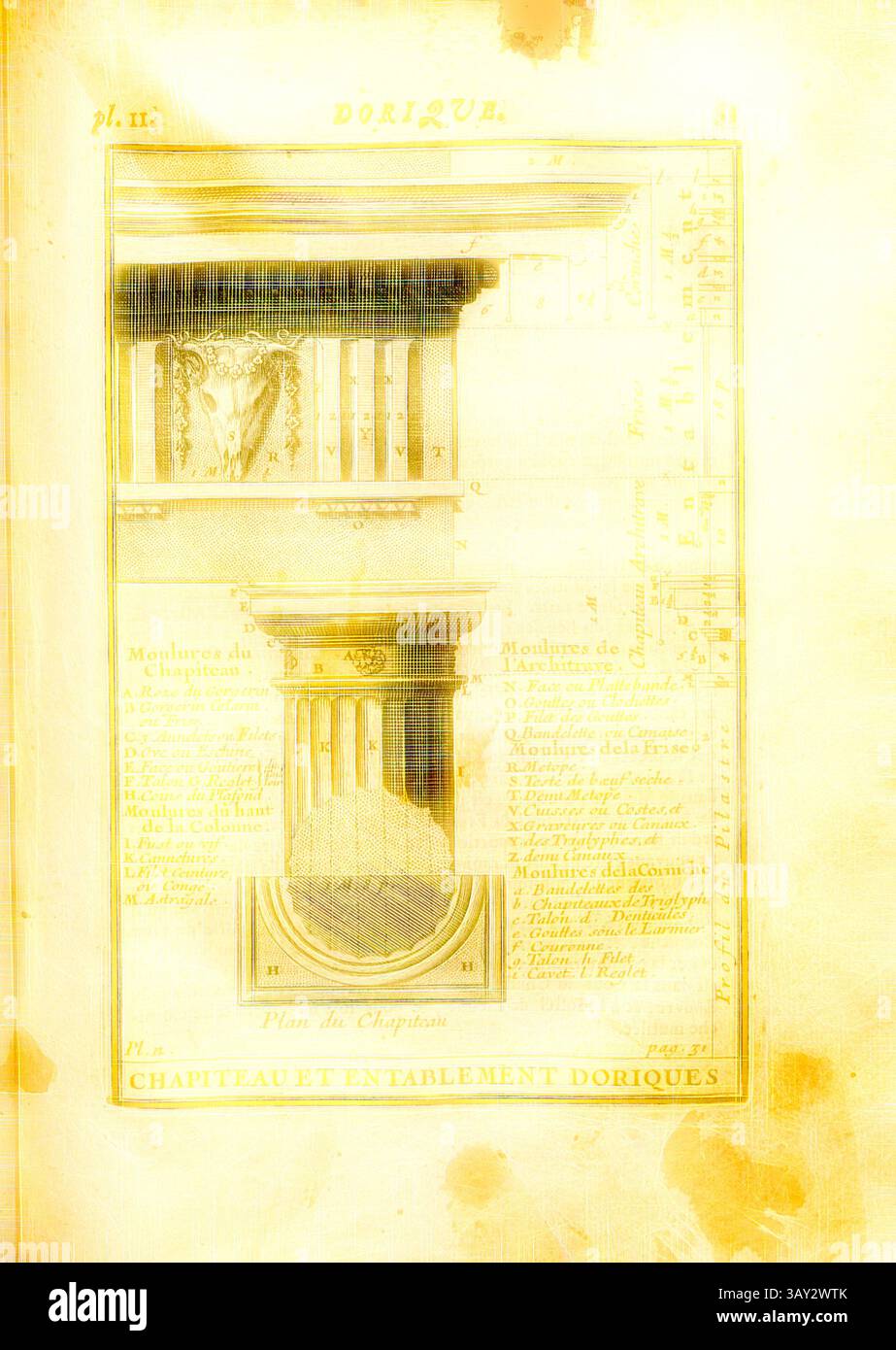 Eine architektonische Illustration, die eine dorische Hauptstadt und eine Entablature zeigt, mit detaillierten Anmerkungen, die die Besonderheiten und Designelemente dieser klassischen Ordnung hervorheben., dorische Hauptstadt und Entablature, dorische Hauptstadt und Architrave, PL. 11, S. 31, 1720, Augustin-Charles d'Aviler: Cours d'Architecture: Qui comprend les ordres de Vignole, avec des commentaires, les figures & description de ses plus beaux bâtimens, & de ceux de Michel-Ange, plusieurs nouveaux desseins, ornemens & préceptes, contenant la Distribution, la décoration, la matière & la Construction des édifices, Stockfoto