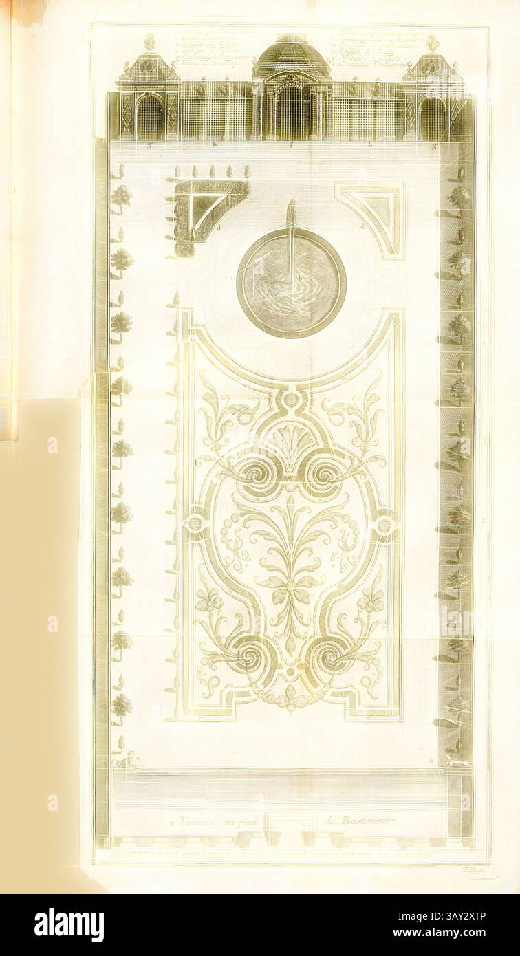 Ein stilisierter architektonischer Plan mit komplizierten ornamentalen Designs, einem zentralen kreisförmigen Element und einem Grundriss, der Wege und Strukturen andeutet, die wahrscheinlich einen Garten oder Innenhof darstellen. Dekorative Elemente umrahmen das Design und betonen Symmetrie und Eleganz., Stickbett mit drehbarem Rasen, Übersicht über ein Erdgeschoss, Tab. 91, nach S. 214, Augustin-Charles d'Aviler, Vignola, Michelangelo, Leonhard Christoph Sturm, Hertel: führliche Anleitung zu der gantzen Civil-Bau-Kunst [...]. Augspurg: bey Johann Georg Hertel, 1747, Klassische Kunst mit modernem Twist von Artotop neu interpretiert Stockfoto