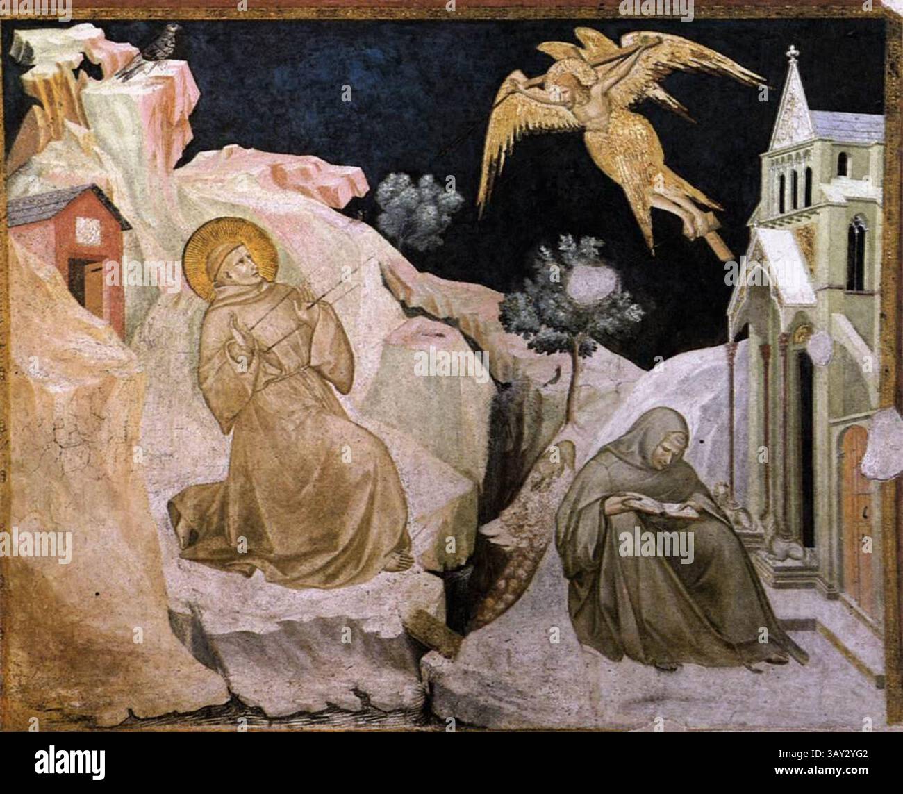 Die Stigmata ist ein Fresko von Pietro Lorenzetti, das Teil der Geschichten über die Passion Christi im linken Querschiff der unteren Basilika des Heiligen Franziskus in Assisi ist. Der Zyklus kann auf etwa 1310-1319 datiert werden. Stockfoto