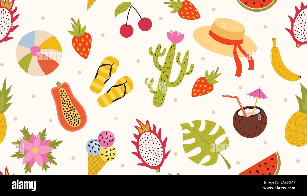 Nahtloses Muster für Sommerurlaub mit tropischen Früchten und Kakteen, Eis, Hut und mehr. Farbenfroher Hintergrund für Sommerferien in flachem Stil. Stock Vektor