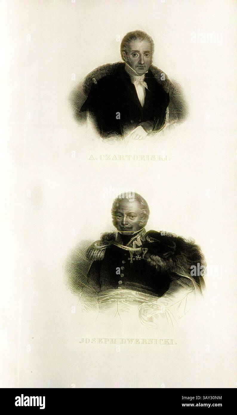 Das Bild zeigt zwei herausragende Figuren, von denen jede mit einem Gefühl von würde und Raffinesse dargestellt wird. Die obere Figur trägt einen eleganten Mantel und eine Krawatte, die nachdenklich blickt, während die untere Figur ein gemütlicheres Auftreten ausstrahlt und mit Militärkleidung verziert ist. Beide Porträts heben ihre einzigartigen Eigenschaften hervor und deuten auf ihre gesellschaftliche Bedeutung hin. A. Czartoriski und Joseph Dwernicki, Porträt von Adam Jerzy Prinz Czartoryski und Józef Dwernicki, Abb. 4, gem. S. 344, Roman Sołtyk, Heinrich Elsner, Carl Mayer: Polen und seine Helden im letzten Freiheitskampfe: Nebst einem kurzen Abriss Stockfoto