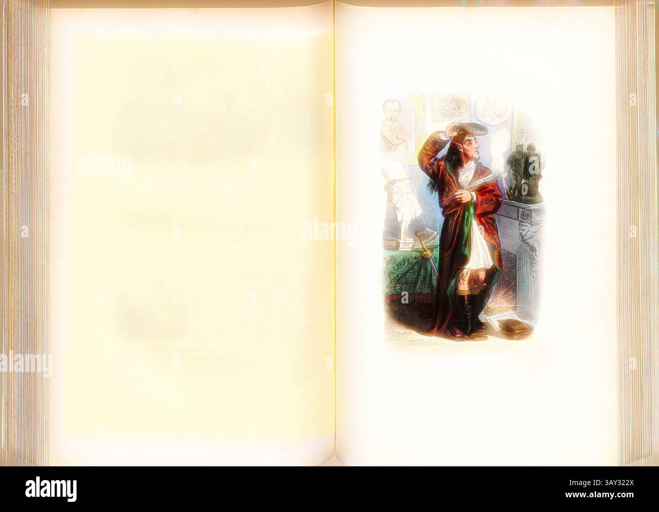 Eine elegant gekleidete Figur steht selbstbewusst und zeigt Gesten, als würde sie etwas bedeutendes präsentieren. Um sie herum befinden sich verschiedene Objekte und Kunstwerke, die auf eine wissenschaftliche oder künstlerische Umgebung hinweisen., Literary man, Illustration des Homme de Lettres aus Léon Curmers 'Les Francais peints par eux-mêmes' aus dem 19. Jahrhundert, signiert: J.J., Grandville, S. 1, S. 219, Grandville, J. J. J., 1840, Les Francais peints par eux-mêmes: Encyclopedie morale du dix-neuvième siècle. Tome troisieme. Paris: L. Curmer, [1840-1742], Klassische Kunst mit modernem Touch von Artotop Stockfoto