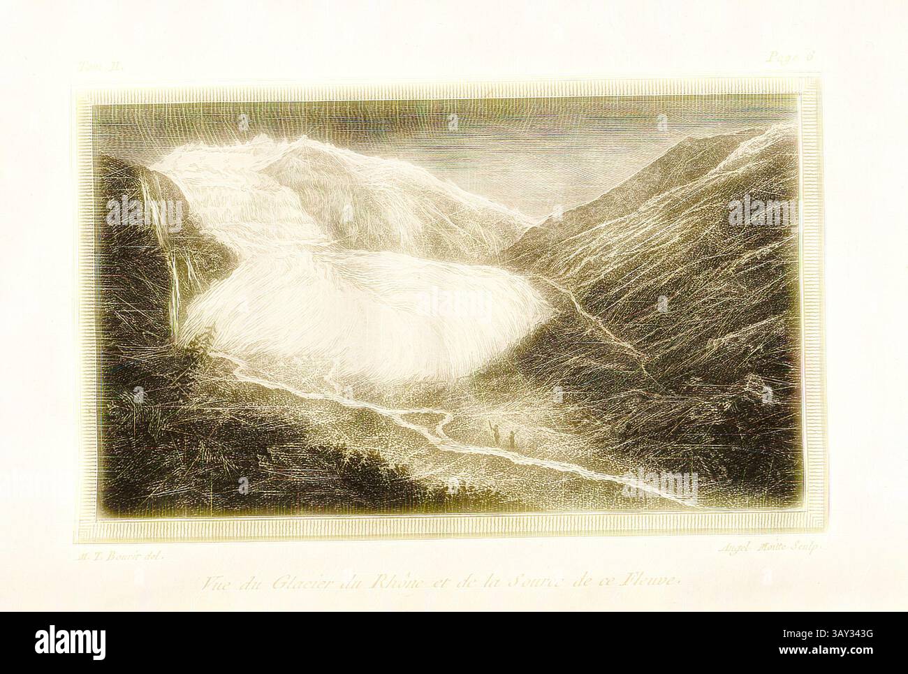 Eine detaillierte Landschaftsdarstellung zeigt einen Gletscher, der durch ein bergiges Gelände fließt, umgeben von hohen Gipfeln und einem sich windenden Fluss im Vordergrund. Die Szene fängt die Pracht der Natur und die komplizierten Texturen der Eis- und Felsformationen ein., Blick auf den Rhonegletscher und die Quelle dieses Flusses, Blick auf den Rhonegletscher, signiert: M. T. Bourit, Angel., Moitte, Radierung, Platte 1, S. 6 (Band 2), Bourrit, Marc-Théodore (del.); Moitte, Angélique-Rose (Sculp.), 1883, Bourrit, Marc-Théodore, Nouvelle description des Alpes. Genève: chez Paul Barde, 1783, Klassische Kunst mit modernem TW Stockfoto