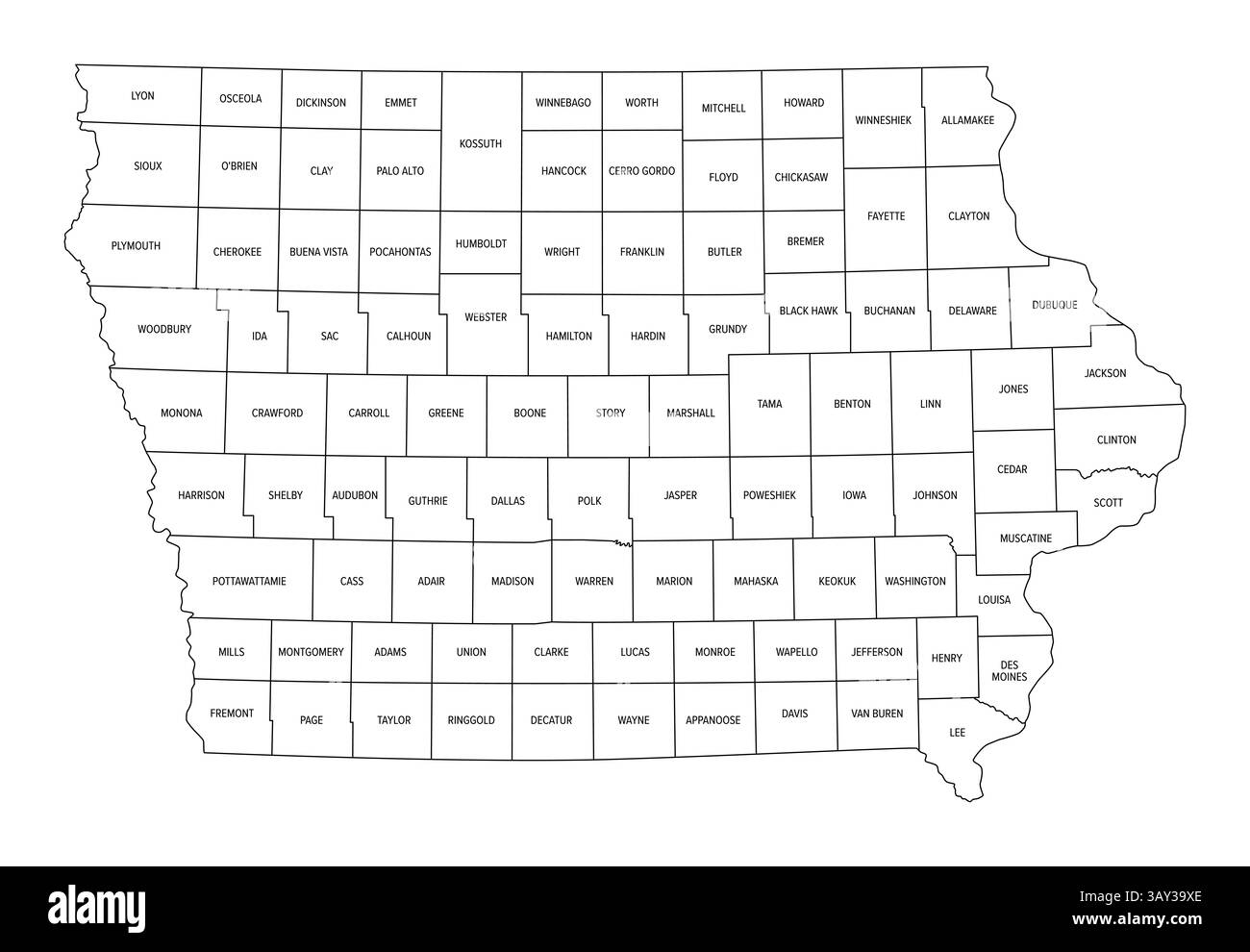 Bundesstaat Iowa, unterteilt in 99 Countys, Umrisskarte. Bundesstaat im Mittleren Westen der Vereinigten Staaten, auch Hawkeye State genannt. Stockfoto
