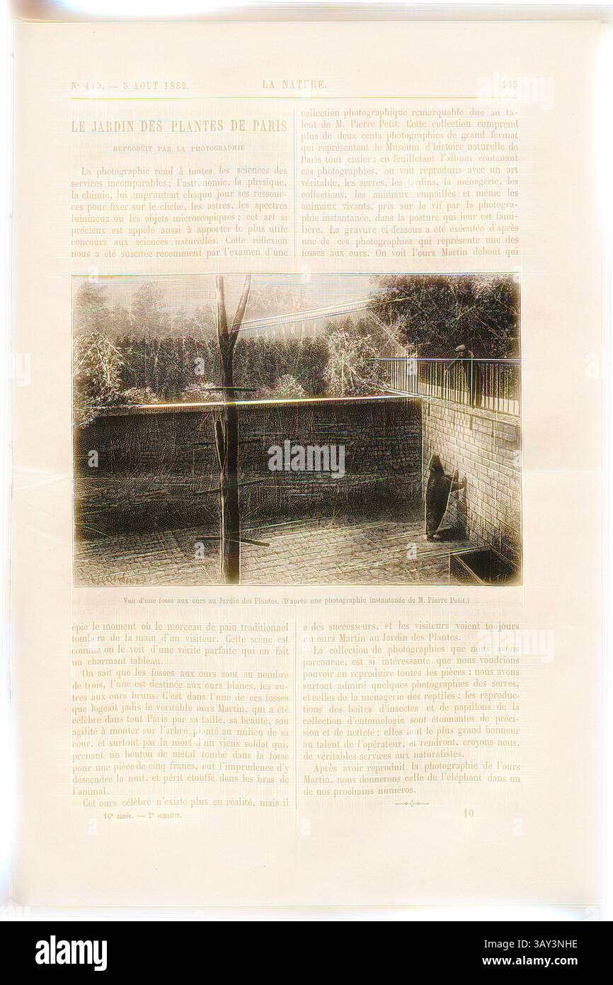 Ein ruhiger Blick auf einen Garten in Paris mit einer Ziegelmauer und üppigem Grün. Im Vordergrund sitzt nachdenklich eine Figur, die in die ruhige Umgebung eingetaucht ist. Die Szene fängt einen Moment der friedlichen Reflexion inmitten der Schönheit der Natur ein., Blick auf eine Bärengrube im Jardin des Plantes, Bär in Paris, signiert: d'après une photograph instantanee de M. Pierre Petit; A. Tissandier ?; E., ?, A. Tilly, S. 145, Petit, Pierre (Foto); Tilly, A. (sc.), 1882, Science progrès découverte: revue publiée avec la Participation de la Société des Ingénieurs Civils de France. Nr. 10. Paris: Dunod, 1882, Classic Stockfoto