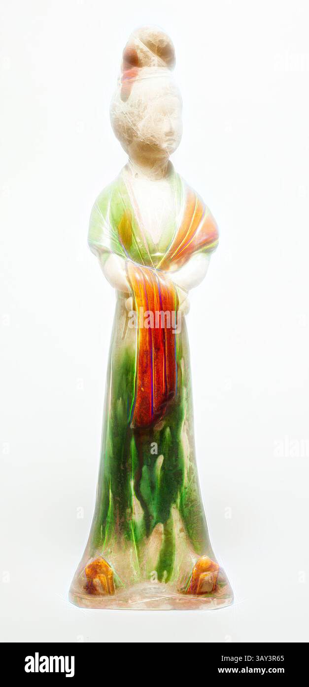 Eine zarte Figur einer Frau in traditioneller Kleidung mit komplizierten Details und leuchtenden Farben. Sie steht anmutig, mit gefesselten Händen und strahlt einen Hauch von Eleganz und Ausstrahlung aus., Unbekannt (Chinesisch), Frau mit Turban, 618/906, Steingut mit Bleiglasuren und -Farben, 16 5/8 x 5 x 1/2 cm. ( 42,2 x 12,7 x 8,9 cm), klassische Kunst mit einem modernen Twist von Artotop Stockfoto