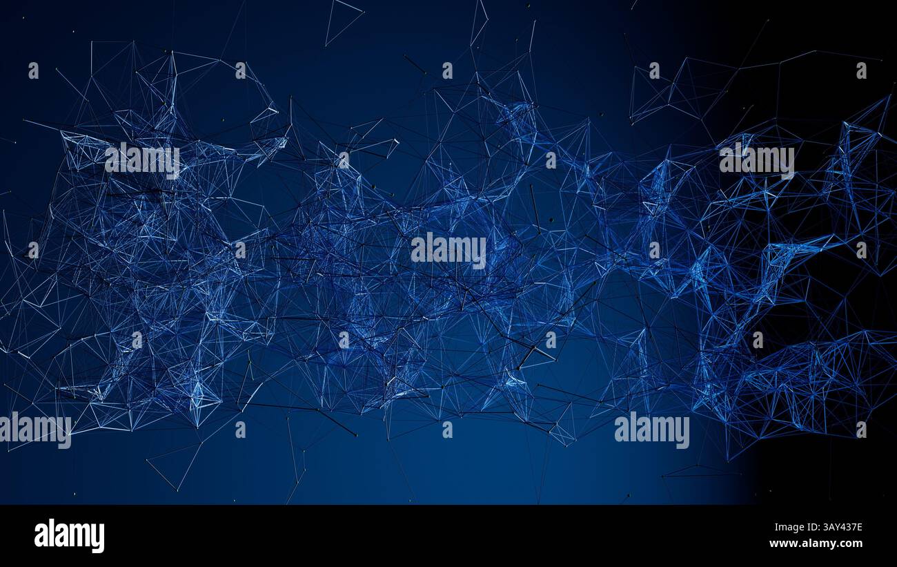 Diese künstlerische Darstellung bietet ein komplexes Zusammenspiel geometrischer Formen vor einem dunkelblauen Hintergrund, perfekt für technisch fokussierte Themen. Stockfoto