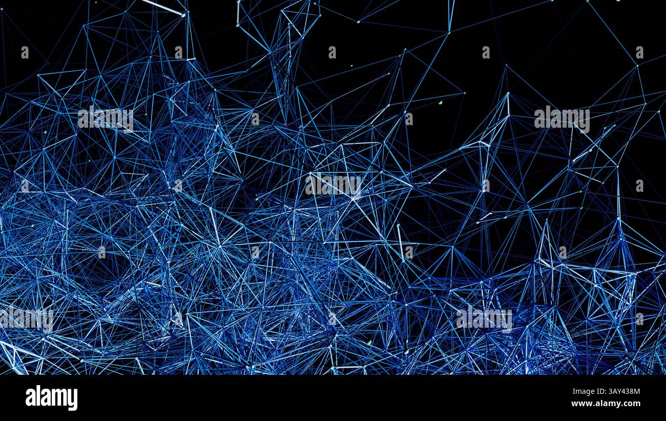Diese künstlerische Darstellung bietet ein komplexes Zusammenspiel geometrischer Formen vor einem dunkelblauen Hintergrund, perfekt für technisch fokussierte Themen. Stockfoto