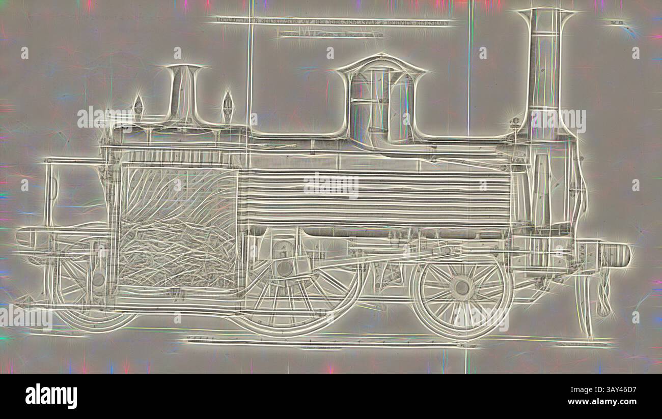Eine alte Dampflokomotive mit einem markanten zylindrischen Kessel, hohem Schornstein und komplizierten Details an Rädern und Karosserie zeigt die Handwerkskunst der frühen Eisenbahntechnik., Lokomotive für schnelle Züge auf der York-Newcastle, Lokomotive nach dem Entwurf von R & W Hawton, signiert: Heusinger v., W, Lith., V, V, J. Lehnhardt; Verlag v., CH. W. Kreidel, Plate XIII, nach S. 175, Heusinger von Waldegg, Edmund; Lith. Anstalt von J. Lehnhardt (lith.); Christian Wilhelm Kreidel Verlag (Hrsg.), Edmund Heusinger von Waldegg; Wilhelm Clauss: Abbildung und Beschreibung der Lokomotive- Stockfoto