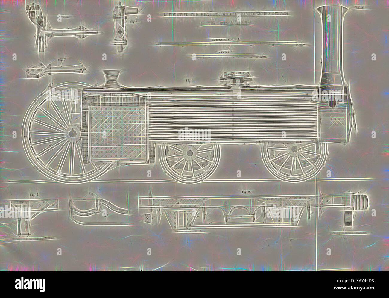 Eine detaillierte Abbildung einer alten Dampflokomotive mit verschiedenen Komponenten und Konstruktionsmerkmalen, einschließlich Rädern, einem Kessel und einem aufwendig gemusterten Aufbau. Lokomotive für Schnellzüge nach dem Crampton-System, gebaut von Derosne, Lokomotive nach der Baumethode von Crampton, signiert: Heusinger v. Chr., W, Lith., V, J. Lehnhardt; Verlag v., CH. W. Kreidel, Platte XI, nach S. 175, Heusinger von Waldegg, Edmund; Lith. Anstalt von J. Lehnhardt (lith.); Christian Wilhelm Kreidel Verlag (Hrsg.), Edmund Heusinger von Waldegg; Wilhelm Clauss: Abbildung und Beschreibung Stockfoto