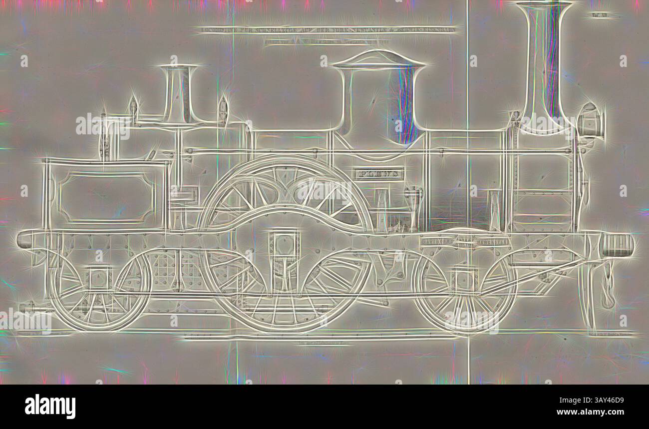 Eine detaillierte Darstellung einer alten Dampflokomotive mit komplizierten Rädern, einem markanten Schornstein und klassischen Designelementen, die frühe Industrietechnik widerspiegeln. Lokomotive für schnelle Züge auf der York-Newcastle, Lokomotive von R & W Hawton, signiert Heusinger v., W, Lith., V, V, J. Lehnhardt; Verlag v., CH. W. Kreidel, Plate XII, nach S. 175, Heusinger von Waldegg, Edmund; Lith. Anstalt von J. Lehnhardt (lith.); Christian Wilhelm Kreidel Verlag (Hrsg.), Edmund Heusinger von Waldegg; Wilhelm Clauss: Abbildung und Beschreibung der Lokomotive-Maschine: Nach den besten und Stockfoto