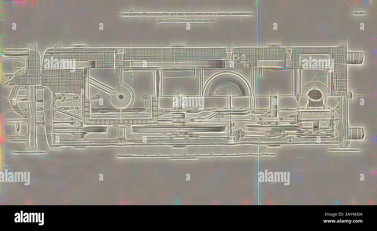 Eine detaillierte und komplizierte Darstellung der Maschinenkomponenten, die Getriebe, Hebel und verschiedene mechanische Teile in einem komplexen Layout zeigt. Die Konstruktion betont die Präzision und die Vernetzung von technischen Elementen., Lokomotive für schnelle Züge auf der York-Newcastle, Lokomotive nach dem Entwurf von R & W Hawton, signiert: Heusinger v., W, Lith., V, J. Lehnhardt; Verlag v., CH. W. Kreidel, Platte XIV, nach S. 175, Heusinger von Waldegg, Edmund; Lith. Anstalt von J. Lehnhardt (lith.); Christian Wilhelm Kreidel Verlag (Hrsg.), Edmund Heusinger von Waldegg; Wilhelm Clauss Stockfoto
