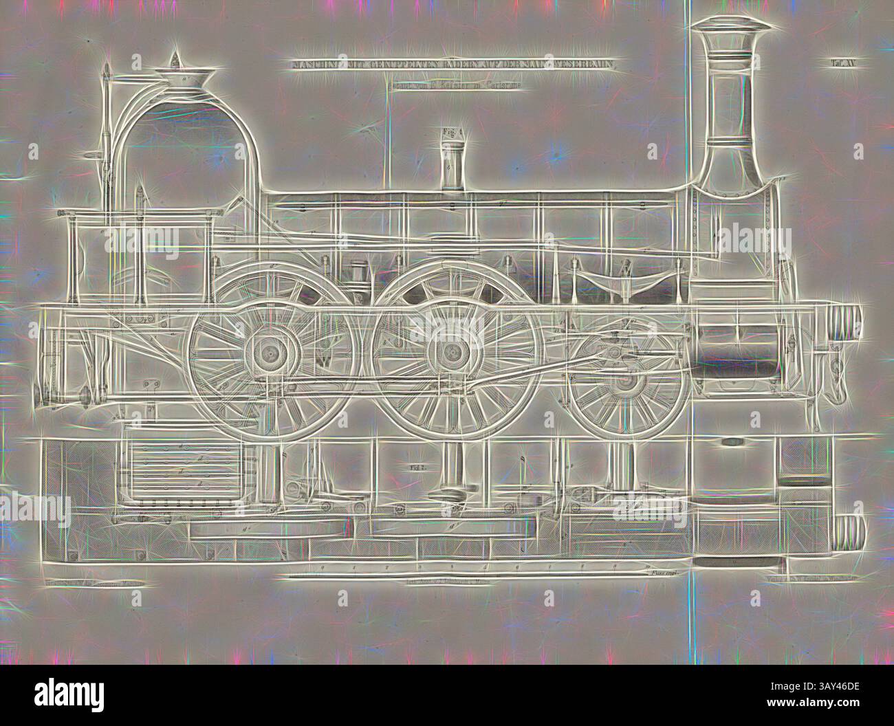 Eine detaillierte technische Illustration einer alten Dampflokomotive mit ihren komplizierten Radmechanismen und architektonischen Merkmalen. Maschine mit gekoppelten Rädern auf der Main-Weserbahn, gebaut von E. Kessler in Karlsruhe 1, Lokomotive mit gekoppelten Rädern nach der Bauart von E. Kessler in Karlsruhe, signiert: Heusinger v., W, Lith., V, V, J. Lehnhardt; Verlag v., CH. W. Kreidel, Platte XV, nach S. 175, Heusinger von Waldegg, Edmund; Lith. Anstalt von J. Lehnhardt (lith.); Christian Wilhelm Kreidel Verlag (Hrsg.), Edmund Heusinger von Waldegg; Wilhelm Clauss: Abbildung und Stockfoto