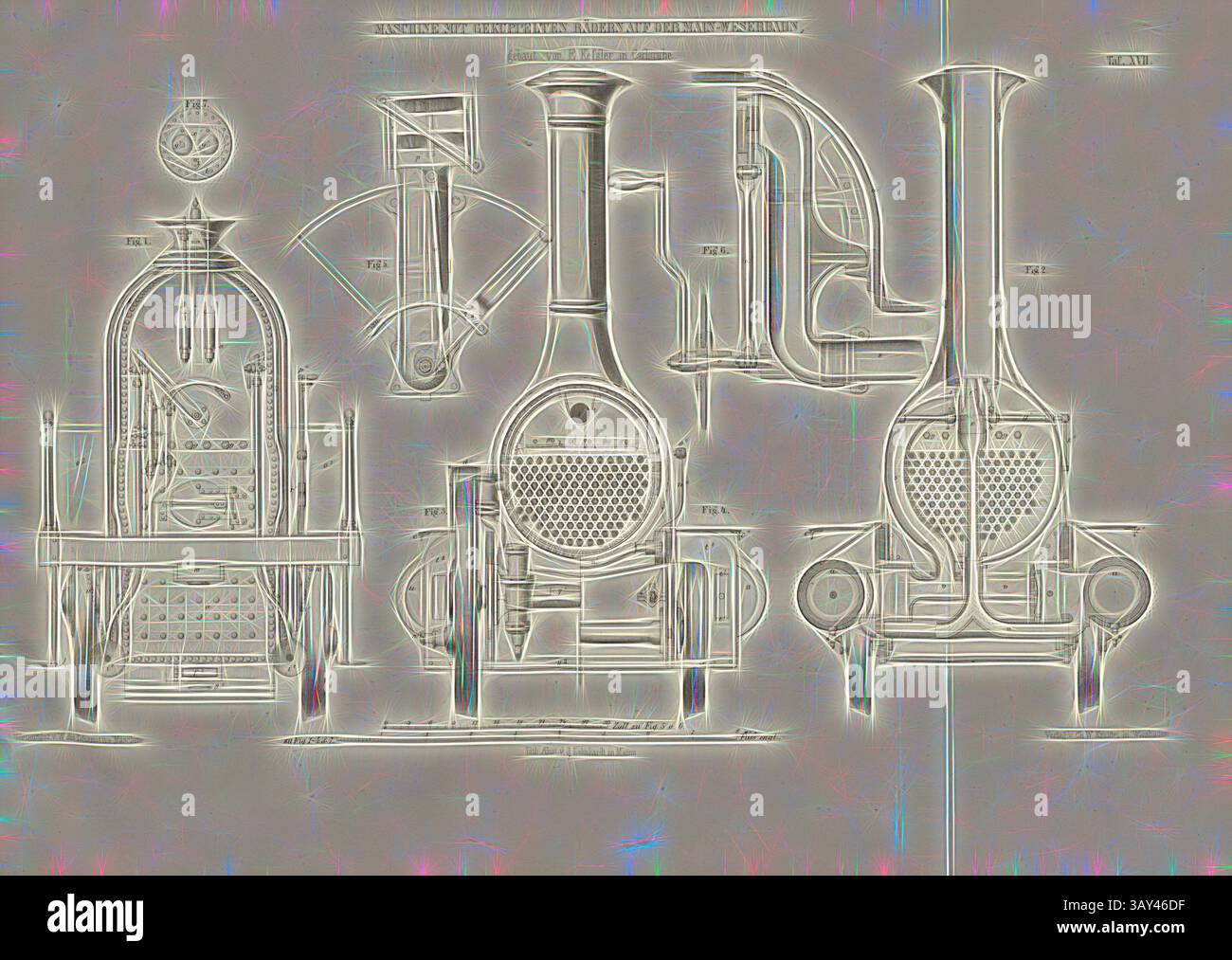 Eine detaillierte Abbildung zeigt verschiedene Designs von Dampflokomotivmotoren mit komplizierten technischen Zeichnungen, die die Komponenten und den Aufbau dieser historischen Maschinen hervorheben., Maschine mit gekoppelten Rädern auf der Main-Weserbahn, gebaut von E. Kessler in Karlsruhe 3, Lokomotive mit gekoppelten Rädern nach der Bauart von E. Kessler in Karlsruhe, signiert: Heusinger v., W, Lith., V, V, V, J. Lehnhardt; Verlag v., CH. W. Kreidel, Plate XVII, nach S. 175, Heusinger von Waldegg, Edmund; Lith. Anstalt von J. Lehnhardt (lith.); Christian Wilhelm Kreidel Verlag (Hrsg.), Edmund Stockfoto