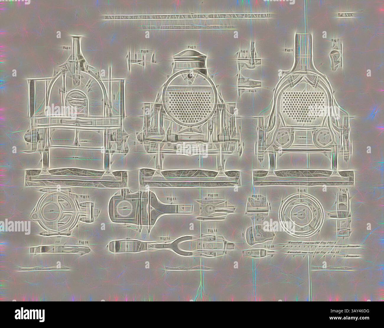 Eine detaillierte technische Illustration mit verschiedenen Komponenten einer Dampfmaschine, einschließlich Hauptkörper, Räder und dazugehörige Maschinen, mit beschrifteten Teilen als Referenz., vierrädrige Maschine, gebaut von Polonceau in den Werkstätten der Paris-Orleans E. Bahn 2, Lokomotive mit vier gekoppelten Rädern nach der Bauart von Camille Polonceau, signiert: Heusinger v., W, Lith., V, V, J. Lehnhardt; Verlag v., CH. W. Kreidel, Plate XXIV, nach S. 175, Heusinger von Waldegg, Edmund; Lith. Anstalt von J. Lehnhardt (lith.); Christian Wilhelm Kreidel Verlag (Hrsg.), Edmund Heusinger von Waldegg Stockfoto