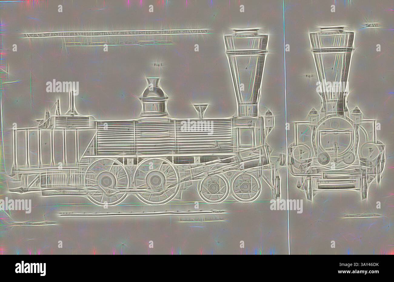 Eine detaillierte Abbildung einer alten Dampflokomotive, die ihre unverwechselbaren verzierten Merkmale und kraftvollen Räder zeigt und das Wesen des frühen Zugdesigns einfängt., Maschine mit beweglichem Frontrahmen am K.K. Oestreich. Südstaatenbahn, gebaut von der Maschinenfabrik der Wien-Gloggnitzer Bahn, Lokomotive mit beweglichem Frontrahmen nach der Maschinenfabrik der Wien-Gloggnitzer Bahn, signiert: Heusinger v. Chr., W, Lith., V, J. Lehnhardt; Verlag v., CH. W. Kreidel, Plate XXI, nach S. 175, Heusinger von Waldegg, Edmund; Lith. Anstalt von J. Lehnhardt (lith Stockfoto
