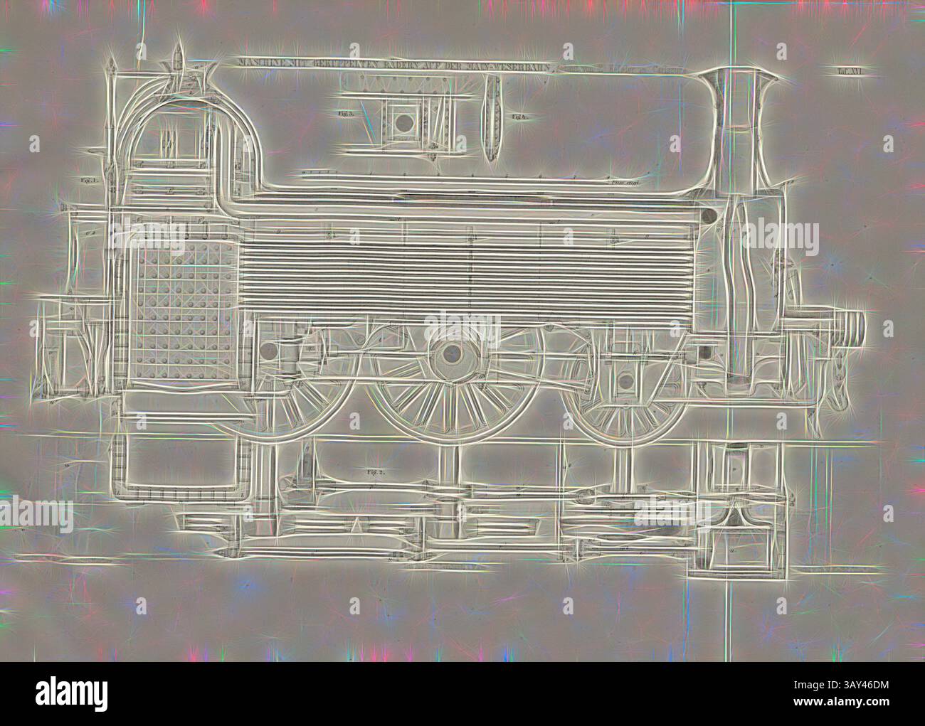 Eine klassische Dampflokomotive mit aufwändiger Detaillierung zeigt ihre großen Räder und die markante Front, die an die Pracht des frühen Bahnverkehrs erinnern., Maschine mit gekoppelten Rädern auf der Main-Weserbahn, gebaut von E. Kessler in Karlsruhe 2, Lokomotive mit gekoppelten Rädern nach der Bauart von E. Kessler in Karlsruhe, signiert: Heusinger v., W, Lith., V, V, V, J. Lehnhardt; Publisher v., CH. W. Kreidel, TAF. XVI, nach S. 175, Heusinger von Waldegg, Edmund; Lith. Anstalt von J. Lehnhardt (lith.); Christian Wilhelm Kreidel Verlag (Hrsg.), Edmund Heusinger von Waldegg; Wilhelm Clauss Stockfoto