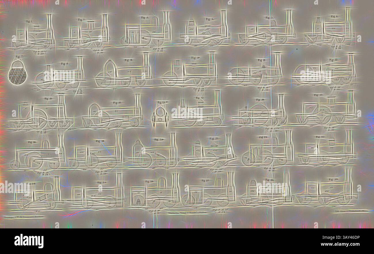 Eine Sammlung abstrakter Linienzeichnungen, die verschiedene architektonische Formen und Strukturen darstellen, jede mit einem zufälligen alphanumerischen Code beschriftet. Die Konstruktionen verfügen über eine Mischung aus Formen und Abmessungen, wodurch eine optisch faszinierende Anordnung entsteht. Traktionsmaschinen 2, verschiedene technische Skizzen von Traktionsmaschinen, signiert: Heusinger v., W, Lith., V, J. Lehnhardt; Verlag v., CH. W. Kreidel, Platte C, nach S. 175, Heusinger von Waldegg, Edmund; Lith. Anstalt von J. Lehnhardt (lith.); Christian Wilhelm Kreidel Verlag (Hrsg.), Edmund Heusinger von Waldegg; Wilhelm Clauss: Abbildung und Beschreibung der Stockfoto