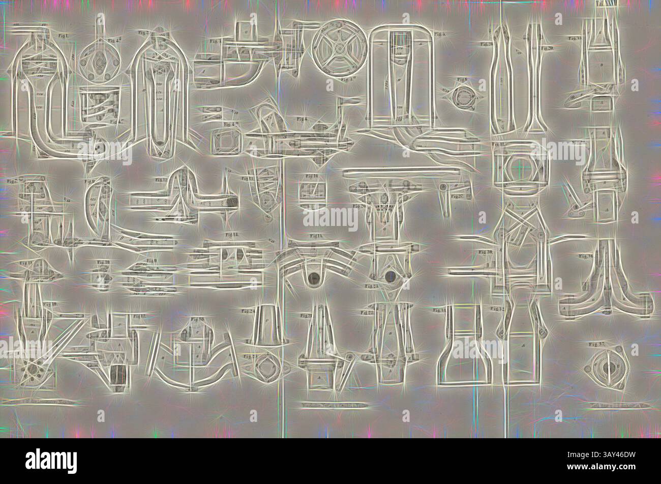 Eine komplexe Sammlung abstrakter Formen und Muster, die eine Vielzahl von geometrischen Designs und Linien zeigt, die sich in einer optisch fesselnden Anordnung verbinden., Dampfzuströmerröhren, Reglerapparat ..., Dampfzuströmerröhren, Dampfausströmerröhren, Lokomotiven und Reglerapparate, signiert: Heusinger v. Chr., W, Lith., V, J. Lehnhardt; Verlag v., CH. W. Kreidel, Plate XXVII, nach S. 175, Heusinger von Waldegg, Edmund; Lith. Anstalt von J. Lehnhardt (lith.); Christian Wilhelm Kreidel Verlag (Hrsg.), Edmund Heusinger von Waldegg; Wilhelm Clauss: Abbildung und Beschreibung Stockfoto