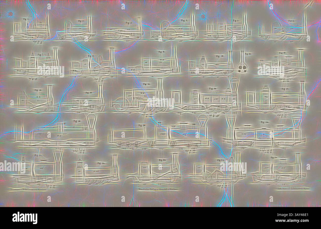 Eine Sammlung abstrakter Linienzeichnungen, die verschiedene Dampfschiffe darstellen, aufwendig in einem Gitterformat angeordnet. Jedes Schiff weist unterschiedliche Merkmale und Designs auf, die die Vielfalt und Entwicklung der maritimen Architektur unterstreichen. Der Hintergrund zeigt eine subtile Textur, die die Gesamtkomposition verbessert., Traktionsmaschinen 3, Technische Skizzen für Traktionsmaschinen, signiert: Heusinger v., W, Lith., V, J. Lehnhardt; Verlag v., CH. W. Kreidel, Platte F, nach S. 175, Heusinger von Waldegg, Edmund; Lith. Anstalt von J. Lehnhardt (lith.); Christian Wilhelm Kreidel Verlag (Hrsg.), Edmund Heusinger Stockfoto